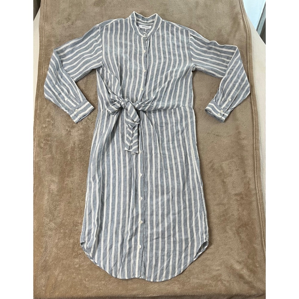 FRAME Denim Striped Linen Shirt Dress Women's Small Blue White Tie Waist EUC